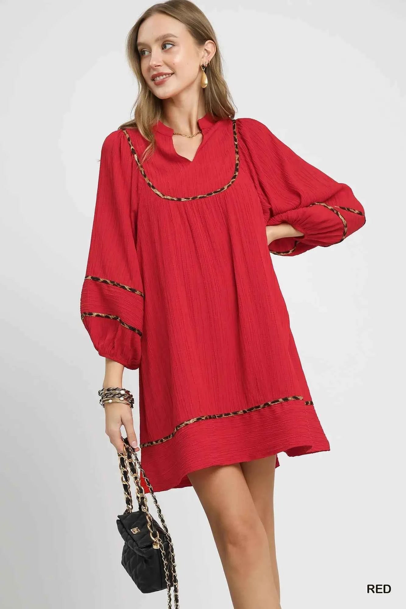 Umgee Textured Babydoll Dress with Leopard Trim Red ca66f71d-d887-4aba-b635-93fef1ee2a93-Max-Origin