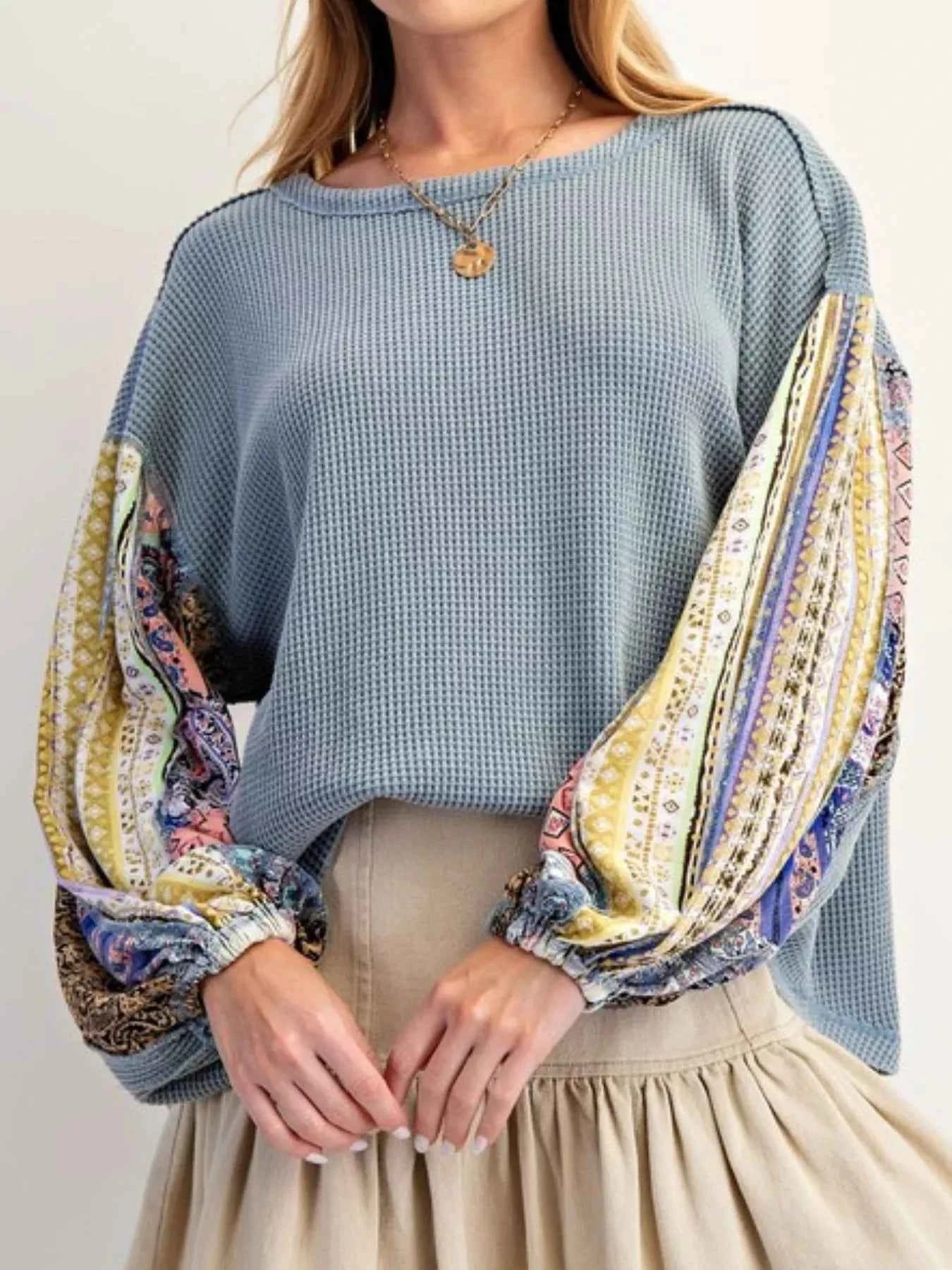 Waffle Knit Round Neck Dropped Shoulder Sweatshirt Blue ca6ee373-52fa-4bfc-aec3-19d886493a73-Max-Origin