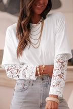 White Fake Two-Piece Lace Long Sleeve Drop Shoulder Tee White ca70fdff6daf586a