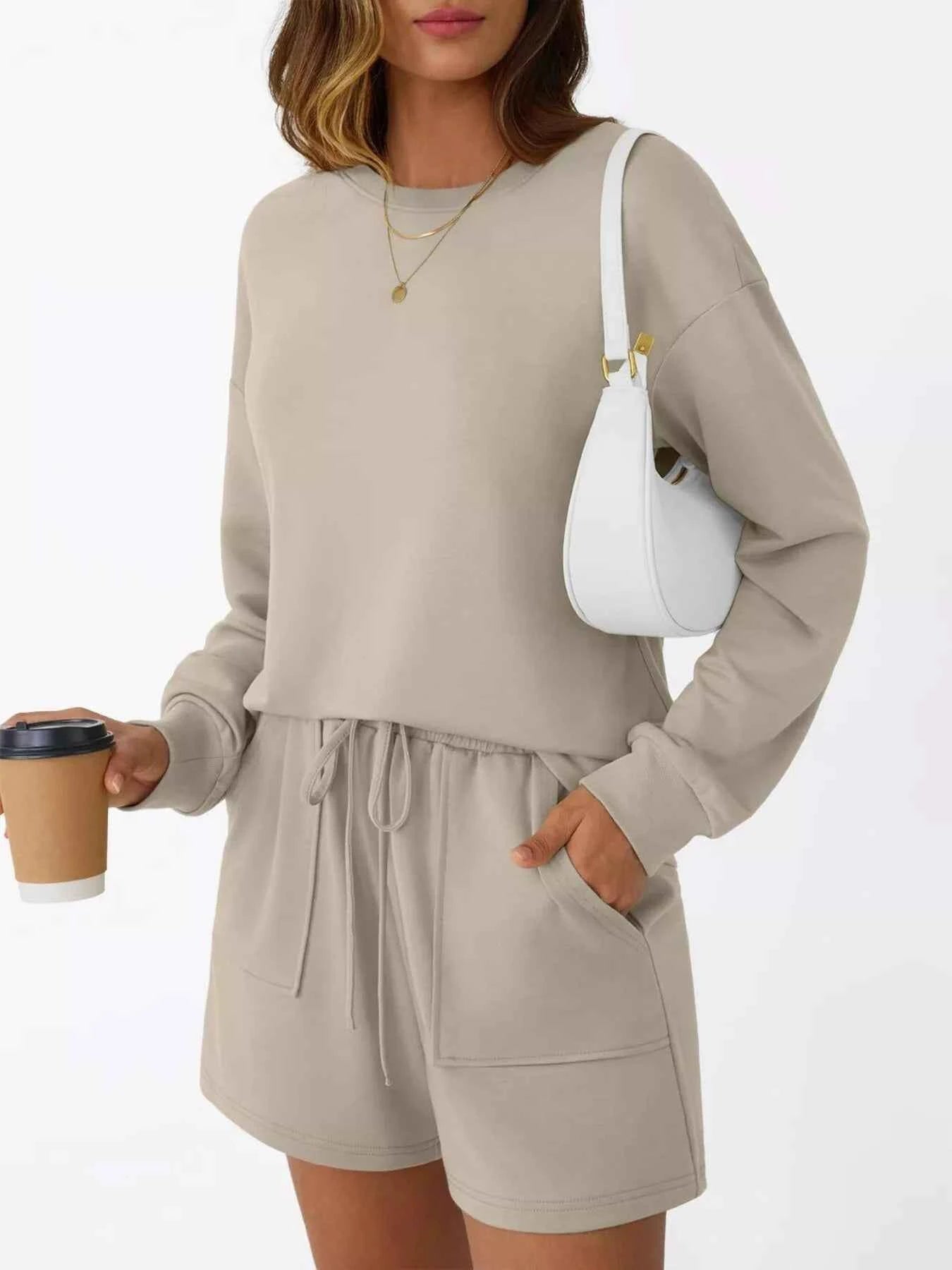 Round Neck Long Sleeve Top and Shorts Set Apricot ca755e2b27bb4d7db31f906056767c7c-Max-Origin
