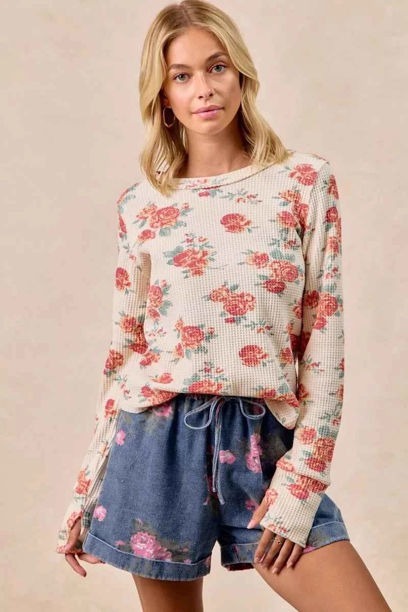 BiBi Floral Print Washed Waffle Thermal Top With Thumb OATMEAL ca77b37bc85b4d8a8bedd19c3e6503ac-Max-Origin