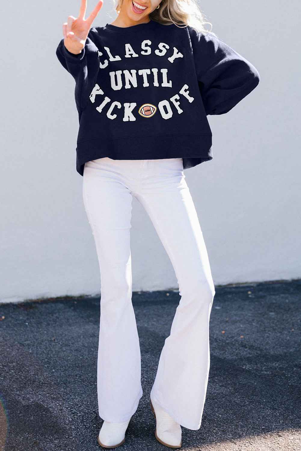 Black CLASSY UNTIL KICKOFF Plush Letter Patched Loose Sweatshirt ca7b016f51664a7e