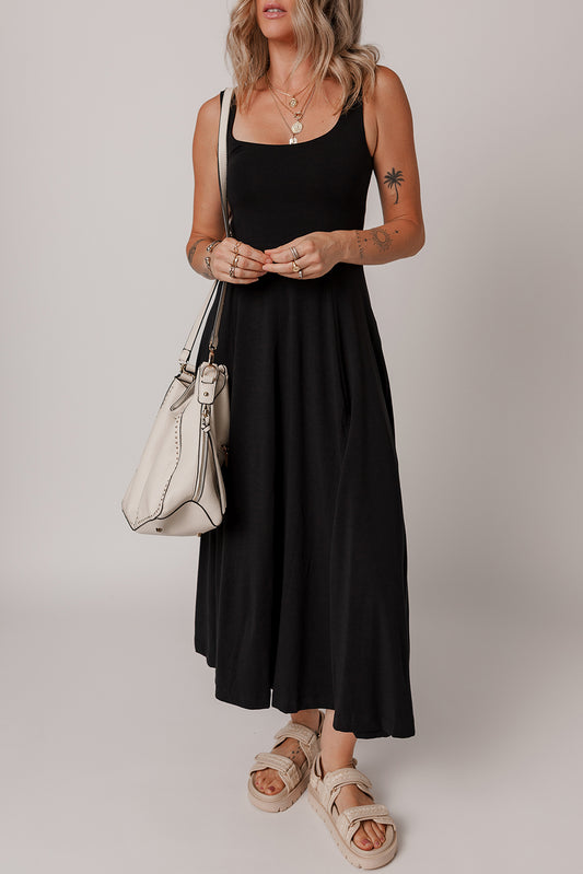Black Sleeveless Scoop Neck Flared Split Midi Dress ca82279120943208