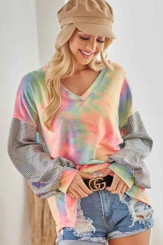 BiBi V Neck Tie Dye French Terry Top with Shiny ca82f1f5d12f4ffbacebb3b70231e02e-Max-Origin