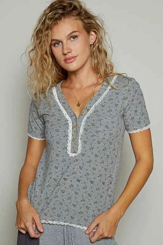 POL Lace Detail Floral V-Neck Button Detail Short Sleeve T-Shirt Dark Gray ca84cb11-3c35-4f74-b7d9-1cb779b851c8-Max