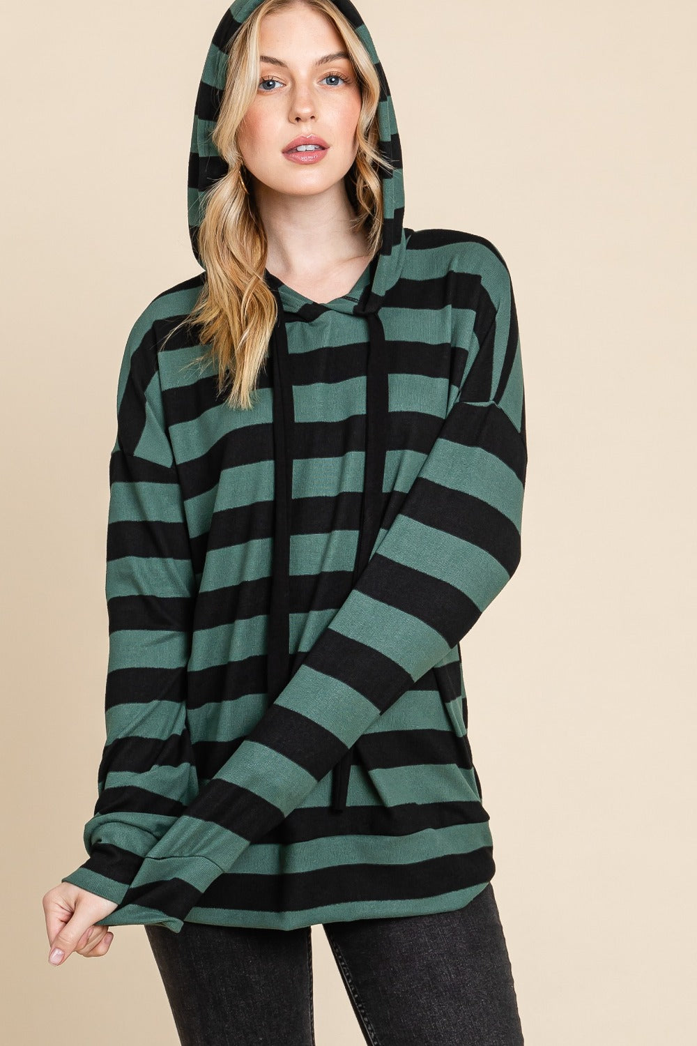 BOMBOM Drawstring Striped Dropped Shoulder Hoodie