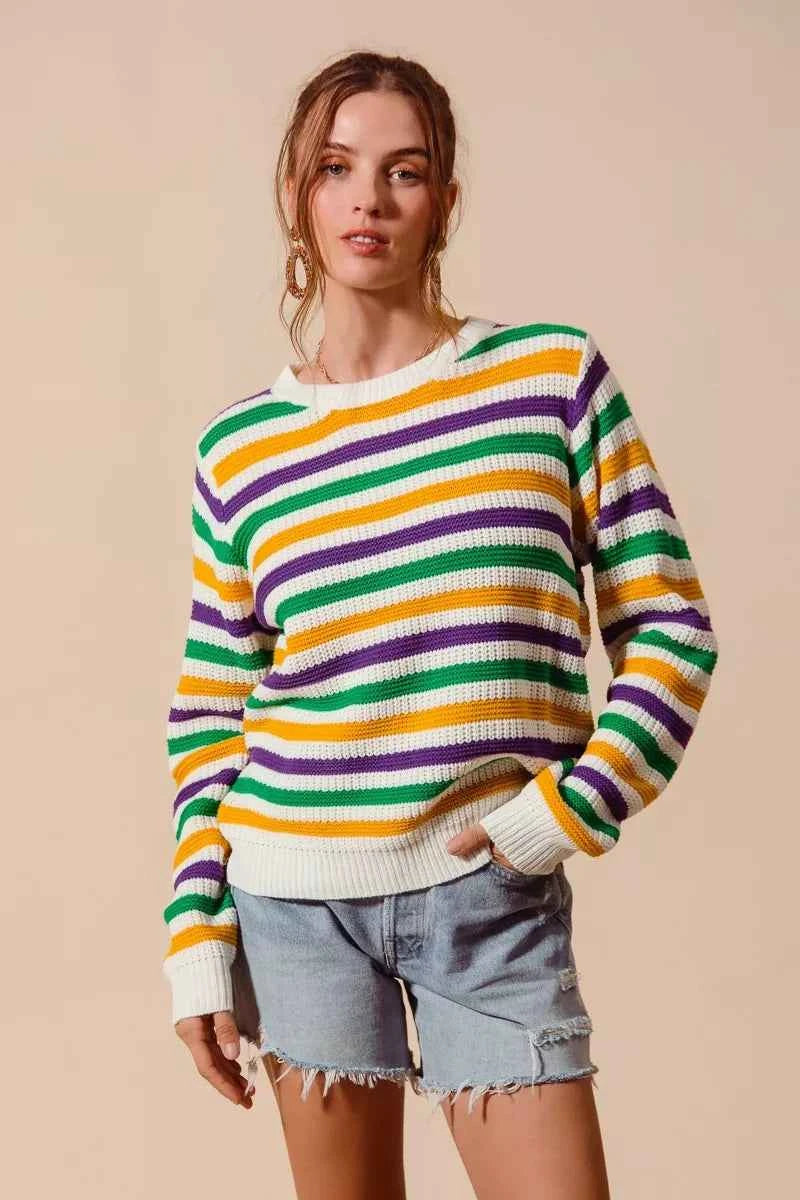 SO ME Mardi Gras Color Stripe Knit Sweater Top IVORY COMBO ca8890e534a94be3ba722be017c4db03-Max-Origin