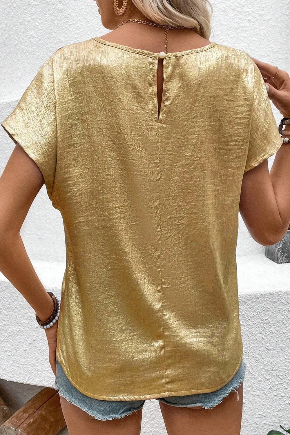 Metallic Gold Short Sleeve Casual Blouse