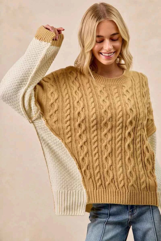 Cable Knit With Hacci Combo Sweater With Uneven Hem Detail ca8ed14ebc1e40389400768ff97c4ecd-Max-Origin