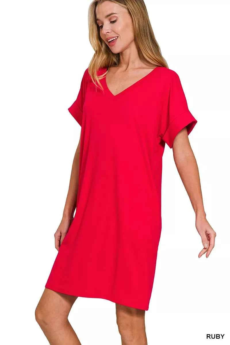 Zenana Brushed Dty Rolled Short Sleeve V-Neck Dress ca92c49fa4724bd58d37fc652b8fdc68-Max-Origin
