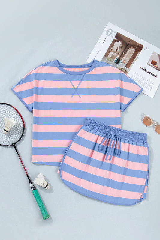 Pink Stripe Dolman Tee Drawstring Skort Athletic 2pcs Set ca94b1d84420655d