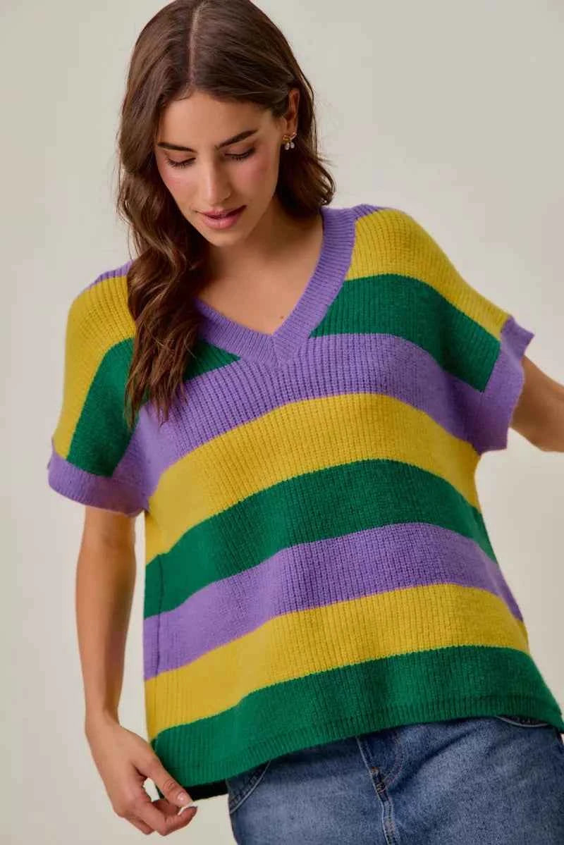 SO ME Mardi Gras Loose Fit V Neck Stripe Sweater Top ca9a4c1a68254a92aaa90933b90c4f49-Max-Origin