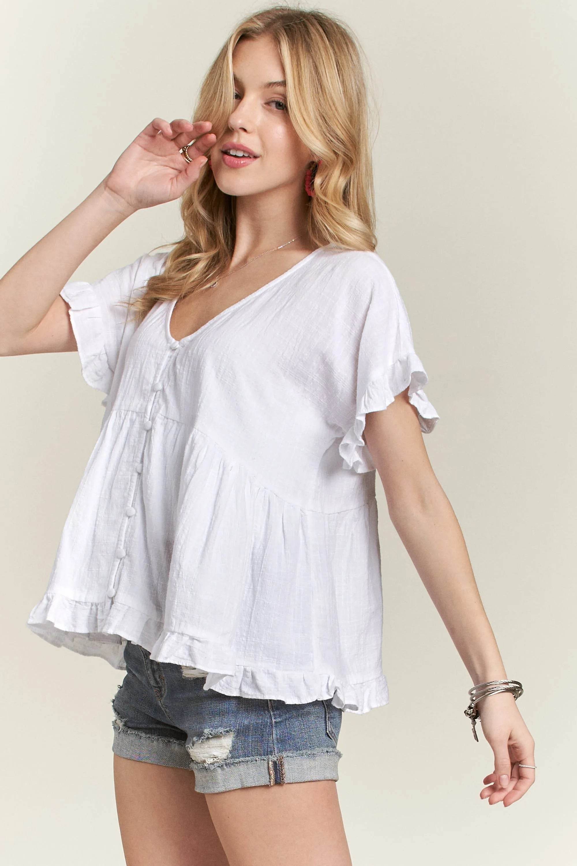 ADORA Button Down Ruffled Babydoll Blouse ca9b80cd677241be981f65a5d52e4e4a-Max-Origin