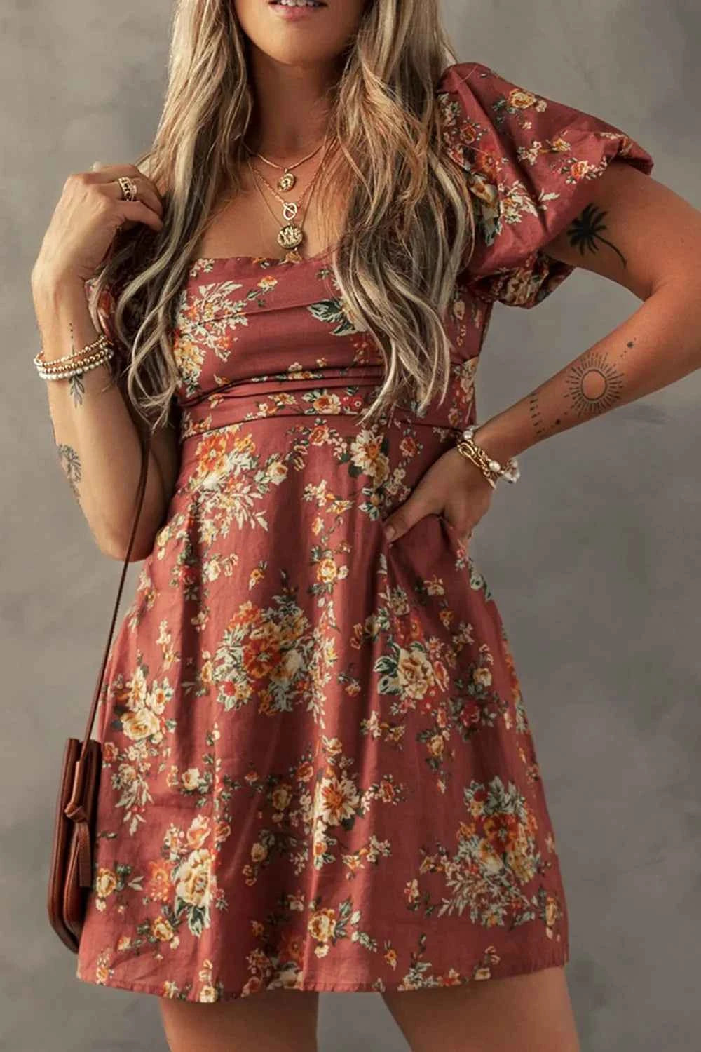 Floral Puff Sleeve Square Neck Knot Open Back Mini Dress ca9e2888-d4ec-4aa9-afc8-35eb5ec13721-Max-Origin