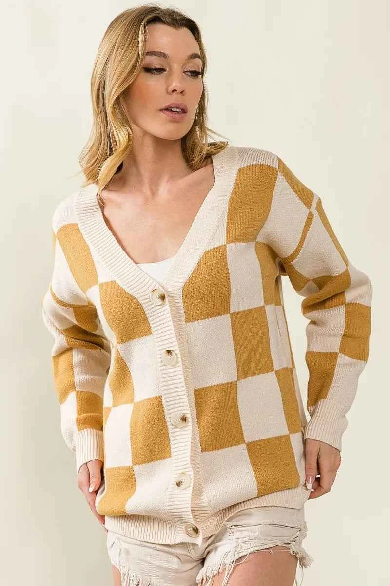 BiBi Checked V-neck Cardigan caa7751a220d4f42b841697480c608bf-Max-Origin