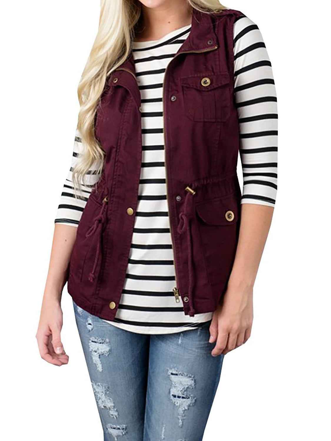 Drawstring Waist Vest with Pockets Wine cab43ceaa6aa457ebfc3d7a9151886fb-Max