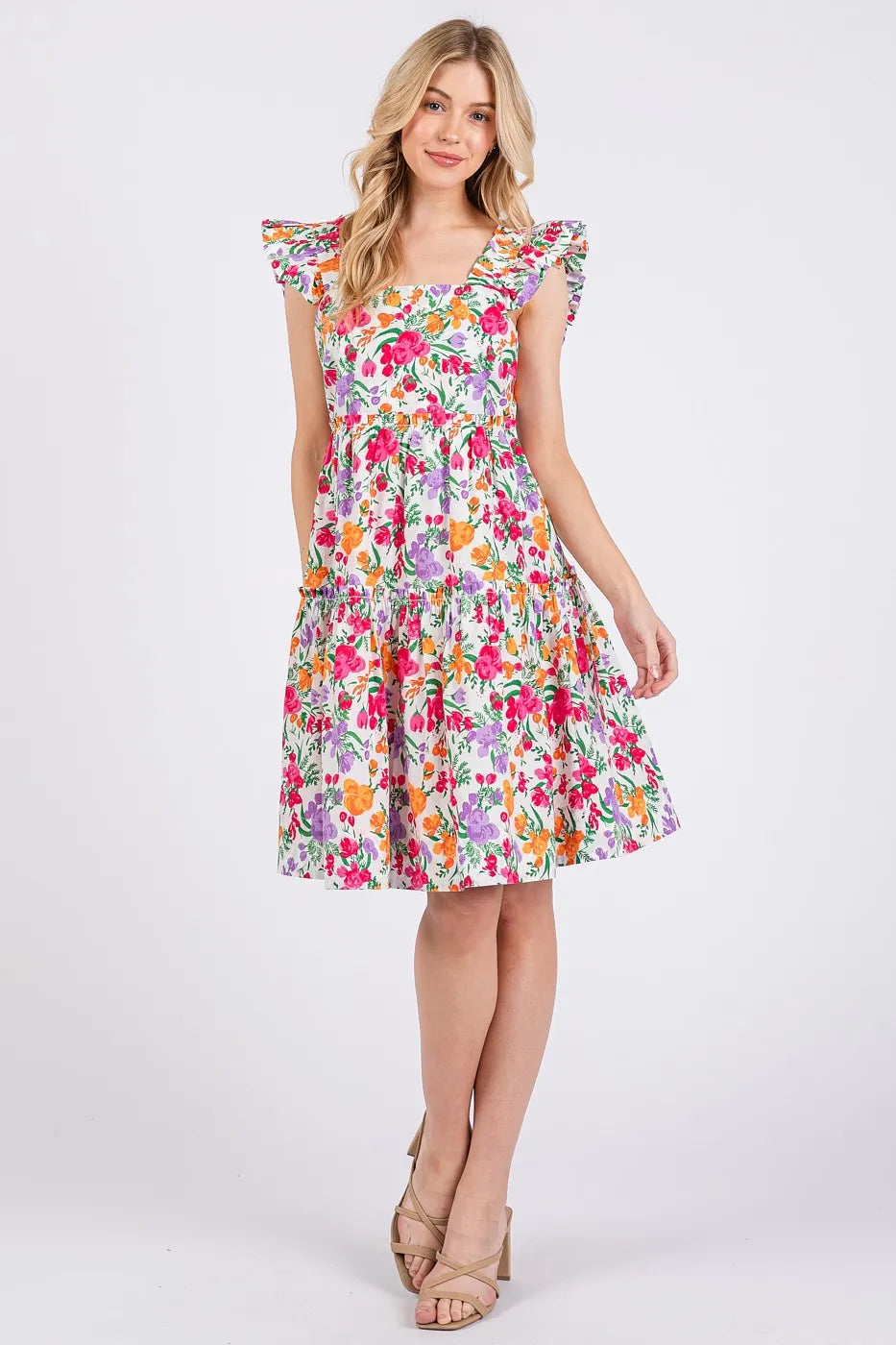 Mittoshop Flower Print Ruffle Shoulder A-line Mini Dress caba36b1286e480db71878aad18006fb-Max-Origin