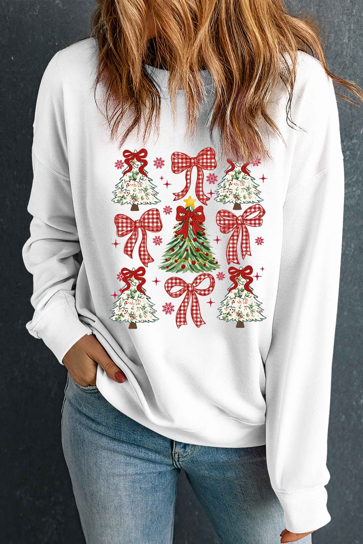 White Christmas Tree Ribbon Bow Printed Drop Shoulder Sweatshirt cabffcaf43499045