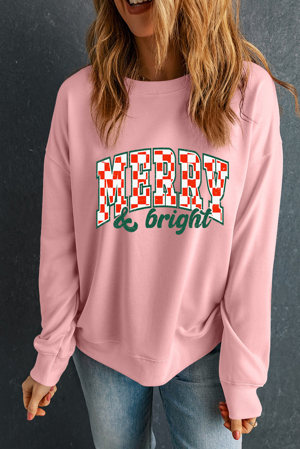 Pink MERRY & Bright Heat Transfer Printing Holiday Pullover Sweatshirt cac58eee56914746