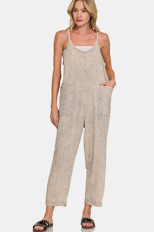 Zenana Washed Spaghetti Straps Overalls with Pockets