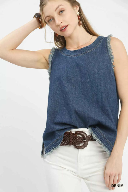 Sleeveless Fringe Hem Denim Top cace04c4-3415-418f-8fb3-8a836f59b742-Max-Origin