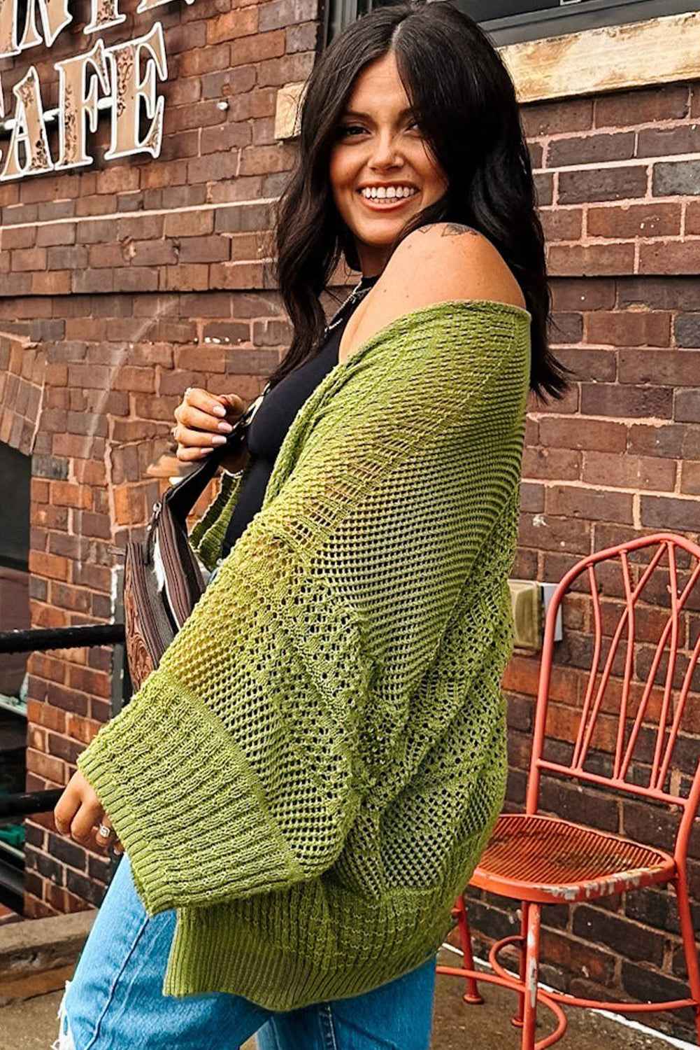 Spinach Green Oversize Crochet Knit Open Cardigan cad177d3f0fdf0ed