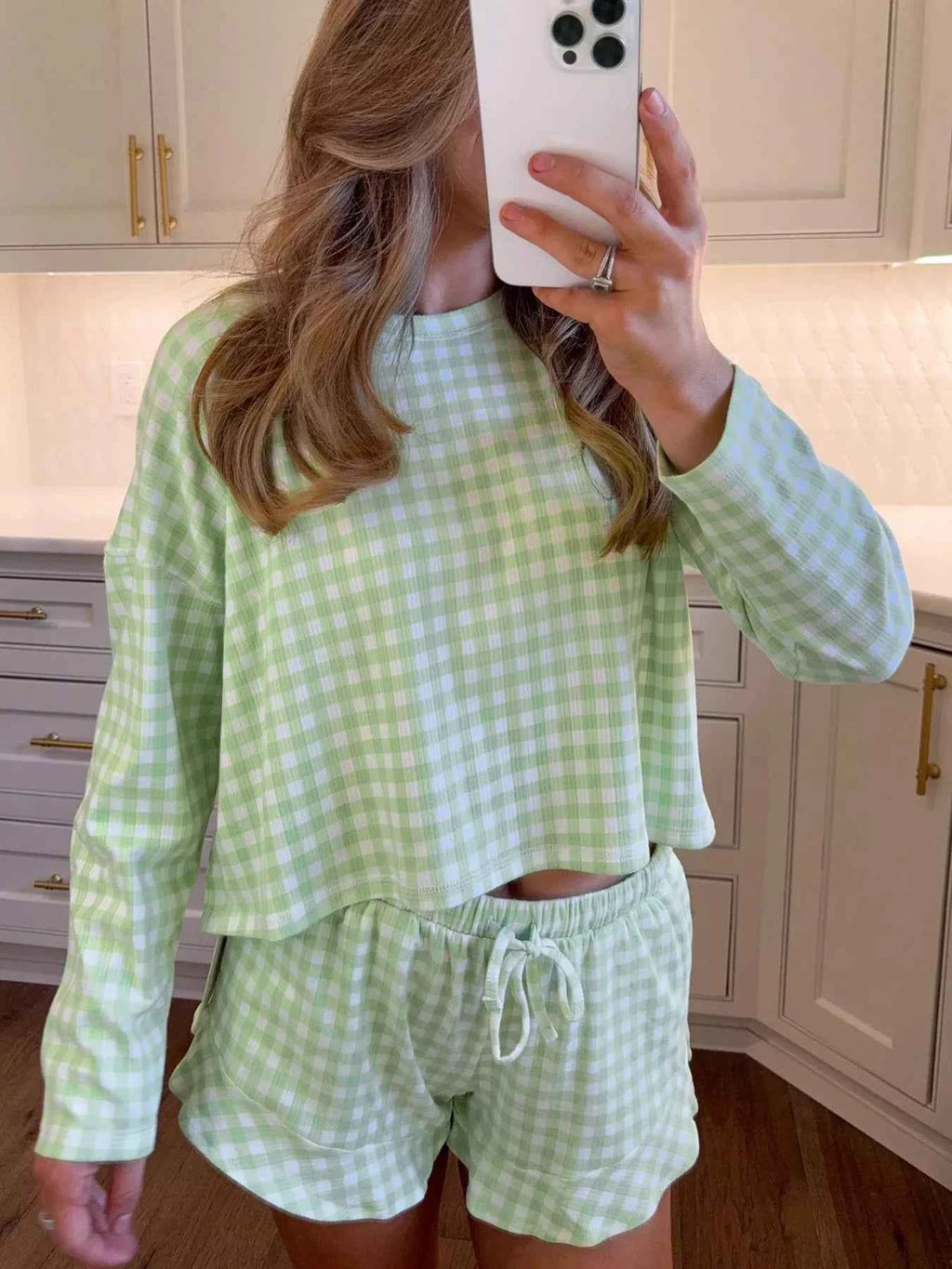 Gingham Print Round Neck Top and Shorts Set Light Green cad21c1f-ca63-4910-9a3e-906d8139c544-Max-Origin