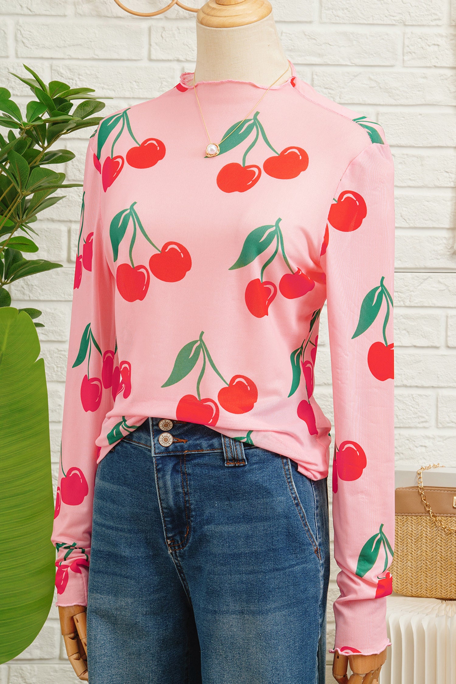 Pink Cherry Print Lettuce Trim Long Sleeve Mesh Top cad8b8c843e9c821