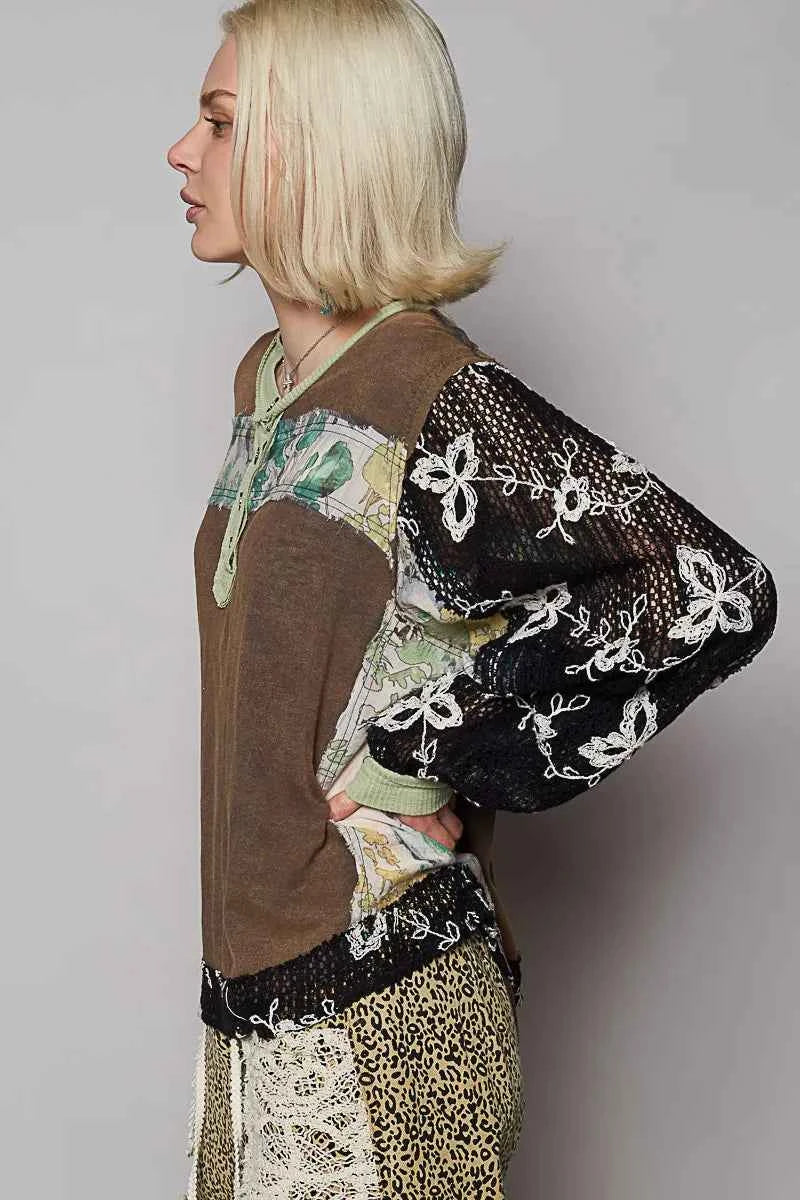 POL Button Detail Floral Patchwork Crochet Sleeve Blouse cad94765-45e1-45bc-be75-d841e7b6b01d-Max-Origin