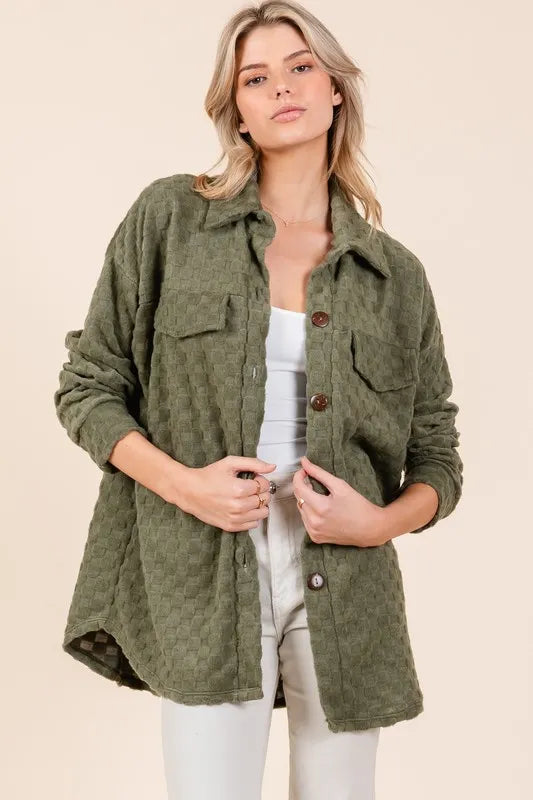 BOMBOM Checkered Button Down Dropped Shoulder Shacket cadc6bf9-785a-4058-ae2a-e7dedd984a69-Max