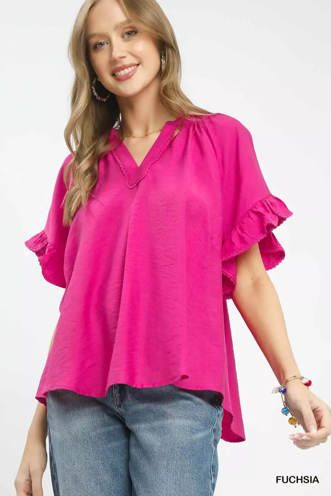 Umgee Ruffle Sleeve V-Neck Flutter Blouse FUCHSIA cae0f02f-3b8a-410b-93f3-4fea1435ae9a-Max-Origin