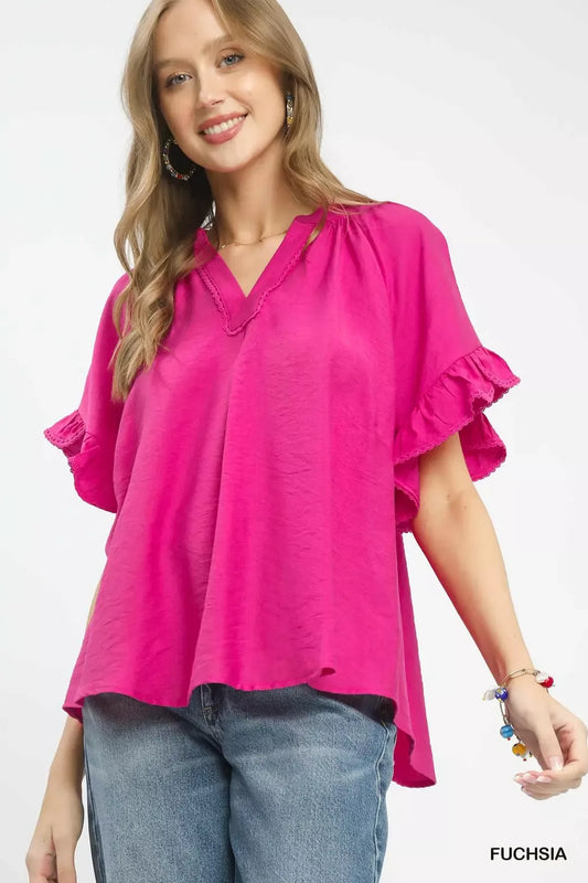 Umgee Ruffle Sleeve V-Neck Flutter Blouse FUCHSIA cae0f02f-3b8a-410b-93f3-4fea1435ae9a-Max-Origin