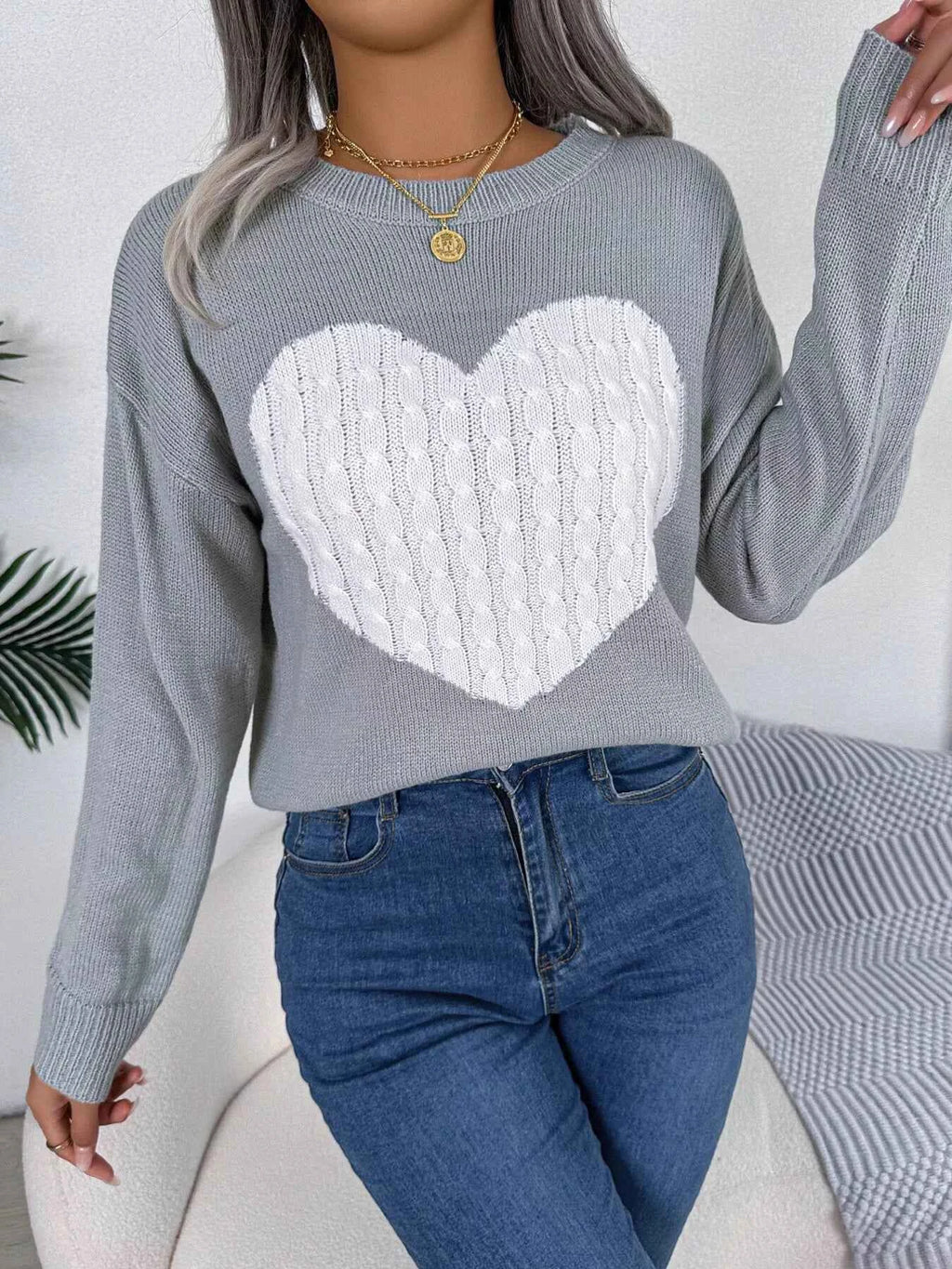 Cable Knit Heart Round Neck Sweater caee2692935b473aae614e6d53b68d93-Max-Origin