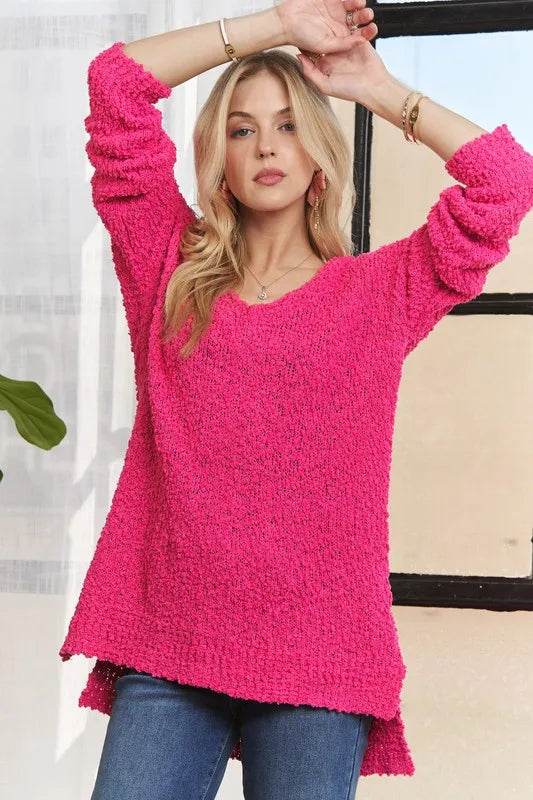 ADORA High-Low Side Slit V-Neck Sweater Hot Pink caee5d4d-fa52-4e99-b8f9-0433e14d72ed-Max