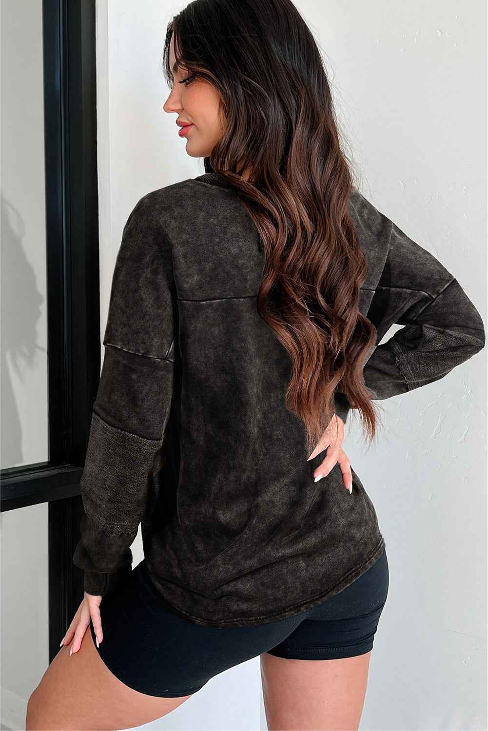 Mist Blue Mineral Wash Exposed Seam Buttoned V Neck Pullover Top caef50fb61b8b5ef