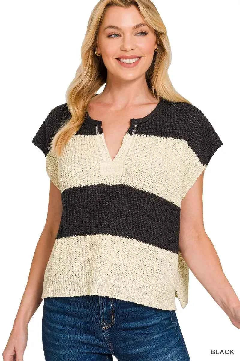 Zenana Split Neck Sleeveless Stripe Sweater BLACK caf57a7b84714bcbbf973624ebc12320-Max-Origin