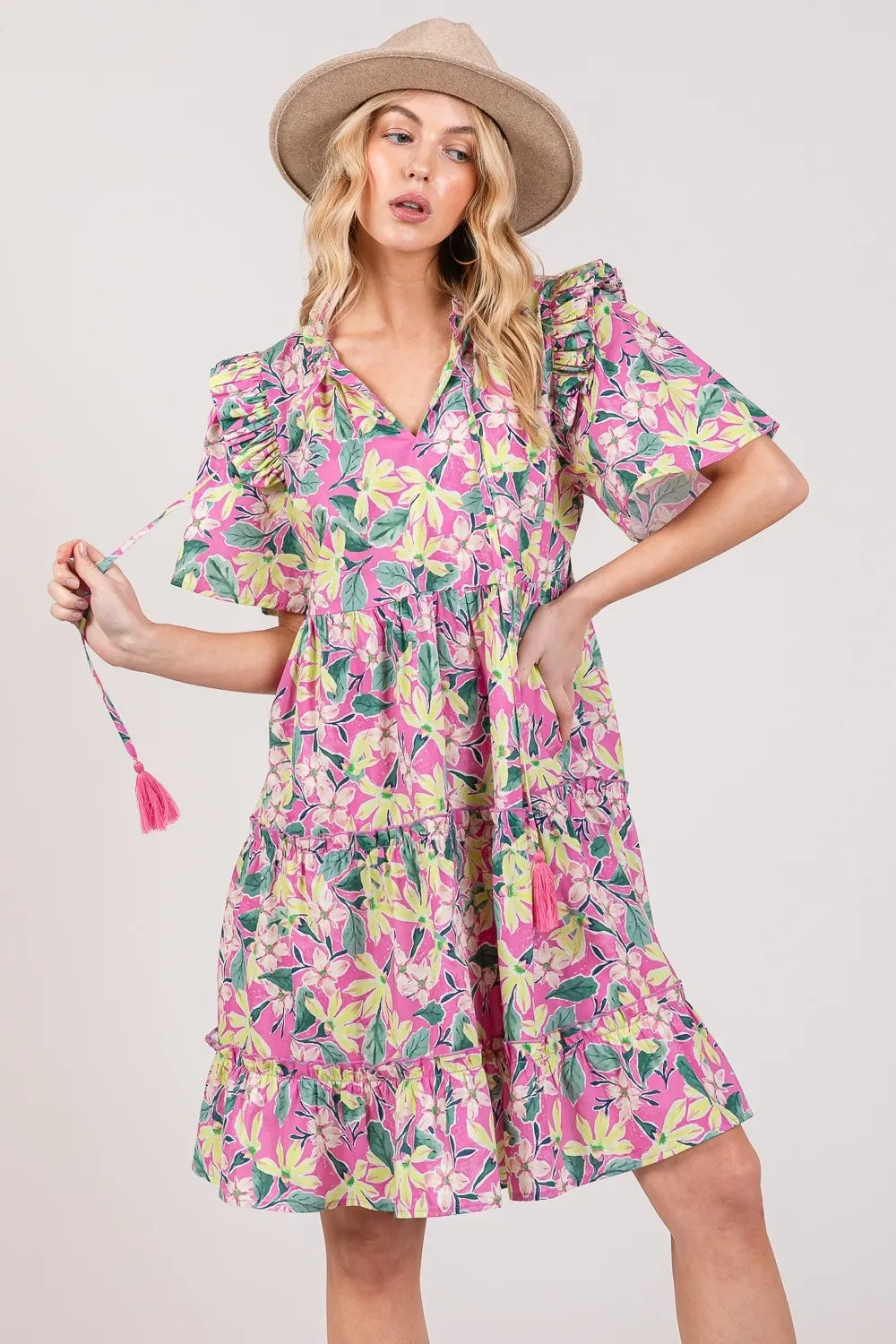SAGE + FIG Floral Ruffle Short Sleeve Dress cafbe9f1-ca4a-4f69-ab0f-74cc824128d5-Max