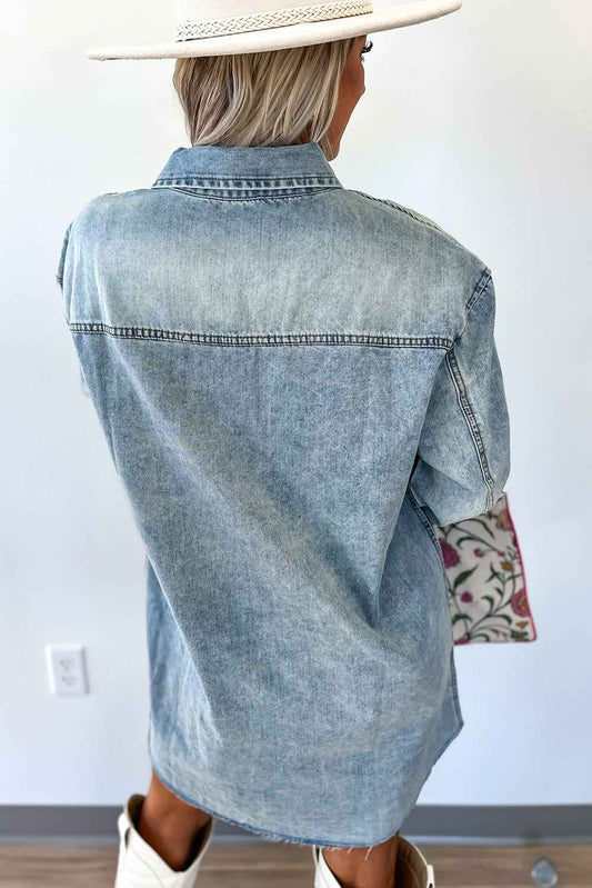 Beau Blue Chest Pocket Raw Hem Denim Loose Shirt Dress cafc594e296a8407