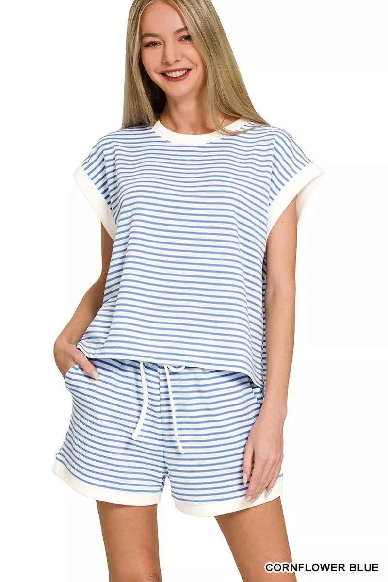 Zenana Stripe Contrast Trim Top & Shorts Set CORNFLOWER BLUE caff4bfc7e984454a94e0af520eed9ae-Max-Origin
