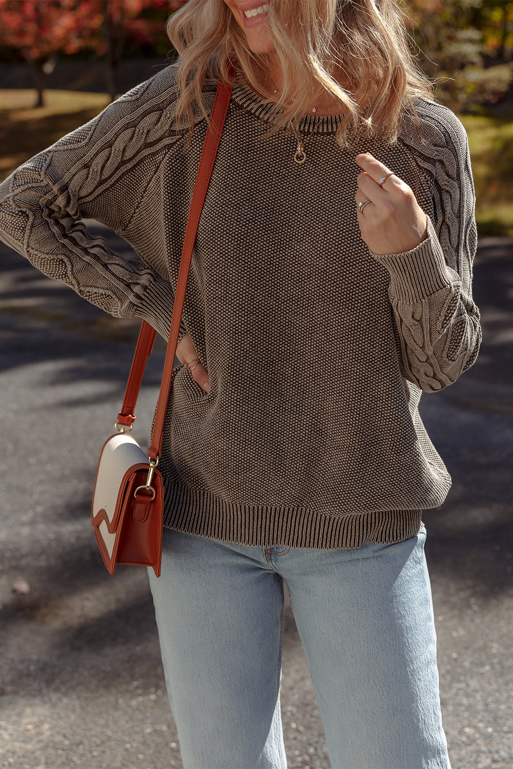 Dark Brown Cable Knit Raglan Sleeve Casual Sweater cb055d0419656925