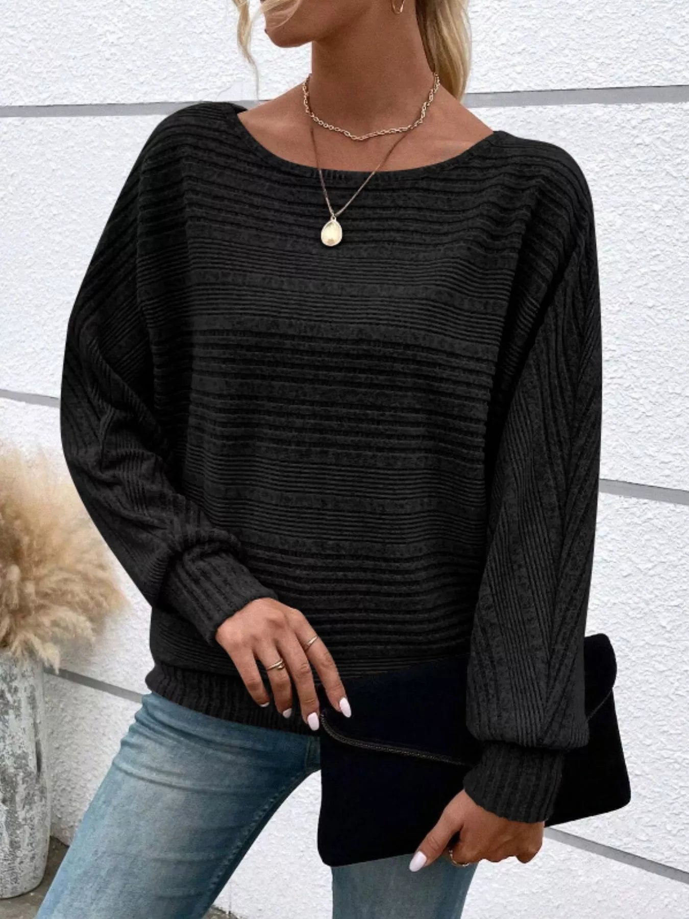 Ribbed Round Neck Long Sleeve Top Black cb0821f8-ba89-4592-a6c3-6598ab4f3ce1-Max-Origin