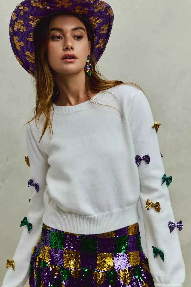 SO ME Mardi Gras Glitter Bow Ribbon Sweater Knit Top cb0a1371ac9d4cee8707dc95fbd4b343-Max-Origin