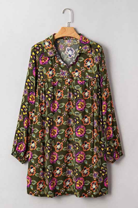 Floral Split Neck Bubble Sleeve Shift Mini Dress cb0ce3fd-6f36-4e80-b265-b1e28b686bd6