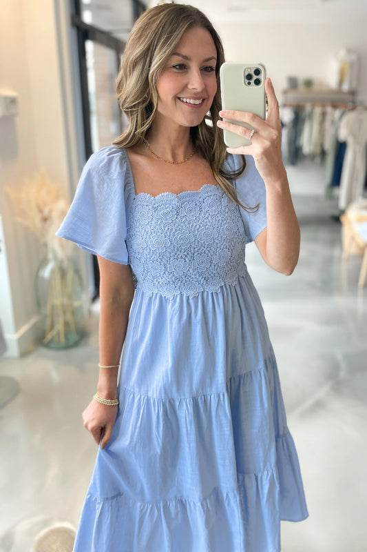 Beau Blue Flowy Short Sleeve Lace Detail Square Neck Tiered Midi Dress cb0e6076738c325a