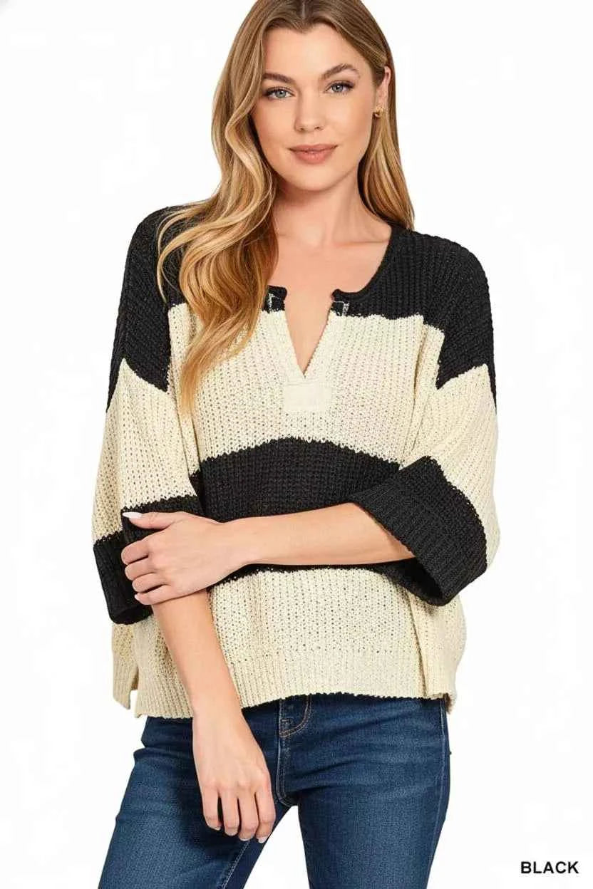 Zenana Split Neck Stripe Sweater cb0e6e68-7ab5-4665-a7a6-1ebfdc1910df-Max-Origin