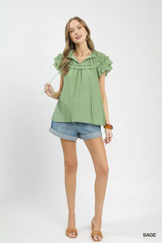 Ruffled Flutter Sleeve Textured Blouse cb11b946-9eb6-4b94-8799-a0d27e0590a1-Max-Origin