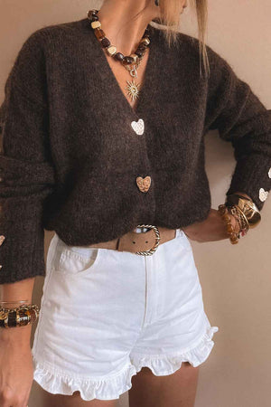 Chicory Coffee V Neck Metallic Heart Button Knit Cardigan Chicory Coffee 79%Polyester+13%Acrylic+5%Wool+3%Elastane cb1cc469caf2eec6