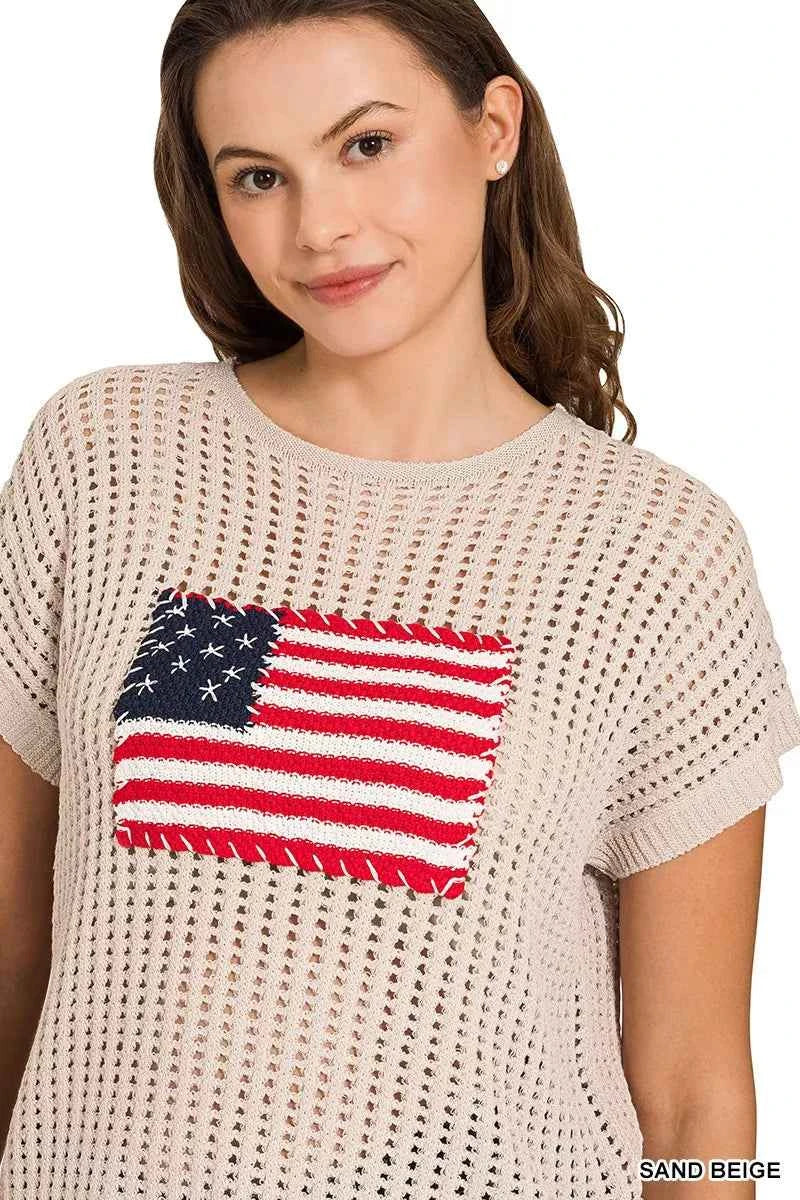 Zenana Viscose American Flag Openwork Knit Top cb1d097cd36749908243112107a78762-Max-Origin