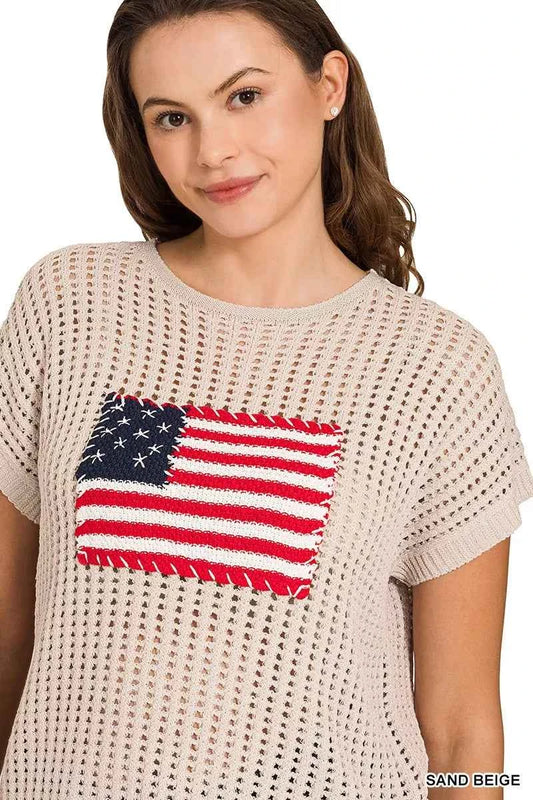 Viscose American Flag Openwork Knit Top cb1d097cd36749908243112107a78762-Max-Origin