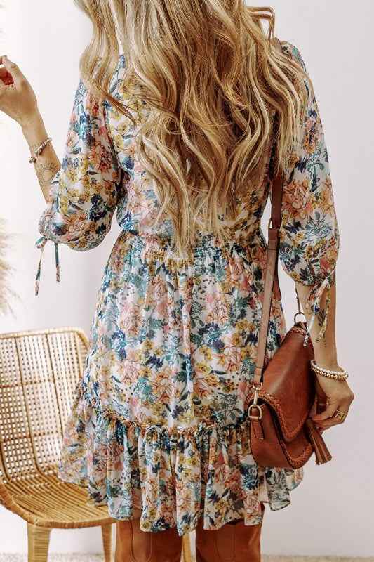 Floral 3/4 Sleeve V Neck High Waist Ruffled Dress cb254834-2c96-4b89-903c-42e563c158c5